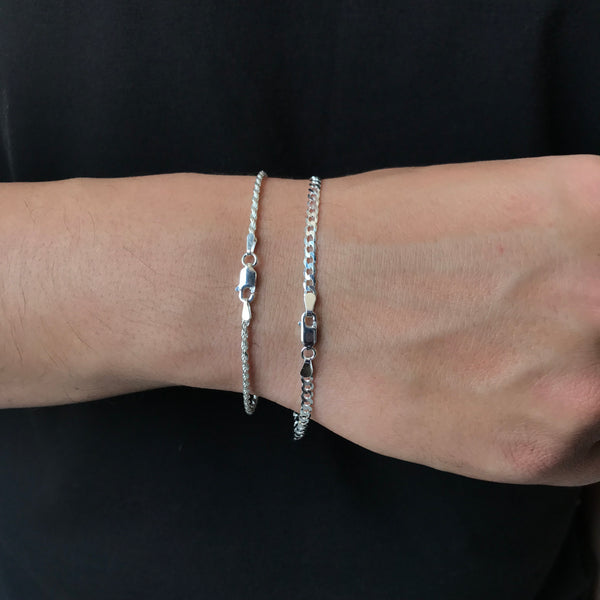 Kit Duas Pulseiras - Grumet 3mm/20cm e Cordão Baiano 2mm/18,5cm - Prata Legítima 925